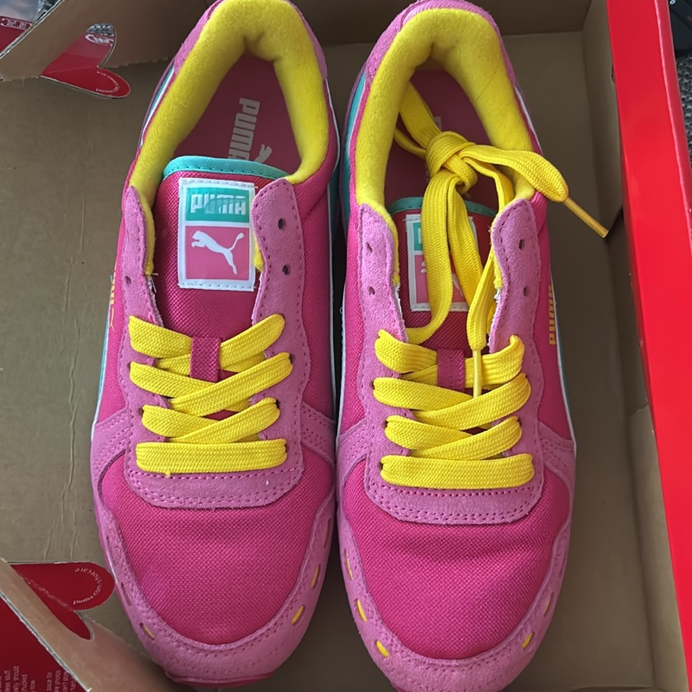 Puma Vibrant Pink Shoes with Bright Yellow Laces